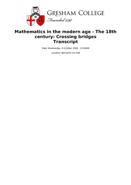 Mathematics in the Modern Age - the 18Th Century: Crossing Bridges Transcript