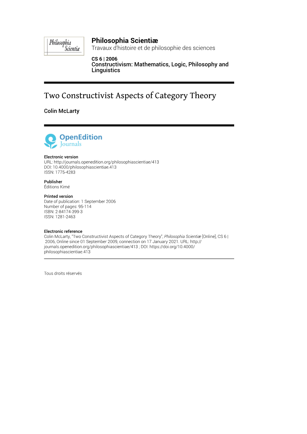 Two Constructivist Aspects of Category Theory