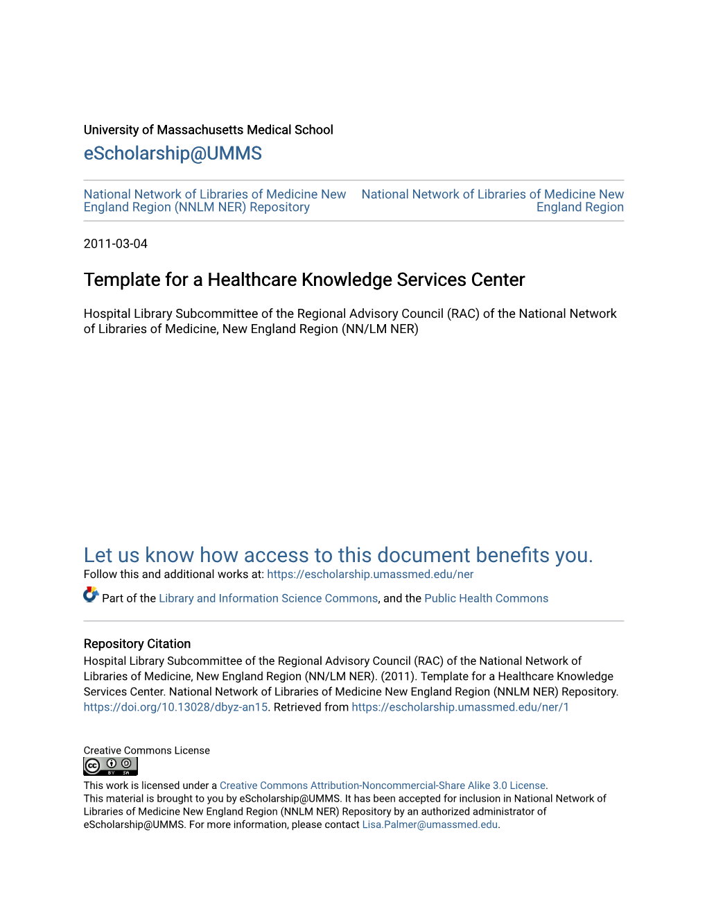 Template for a Healthcare Knowledge Services Center