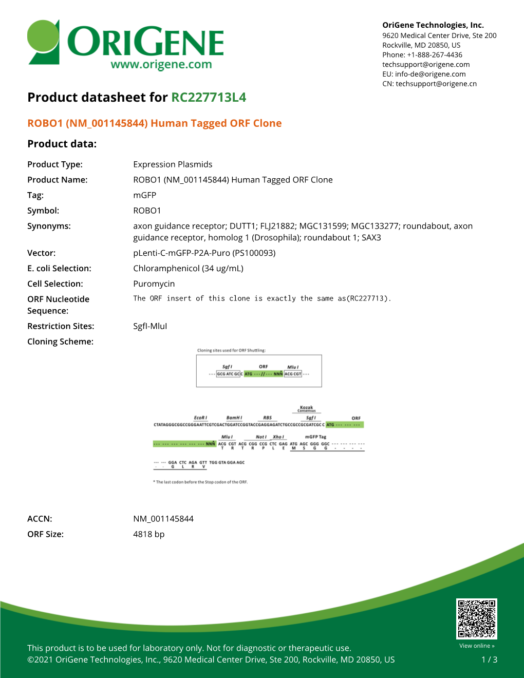 ROBO1 (NM 001145844) Human Tagged ORF Clone – RC227713L4