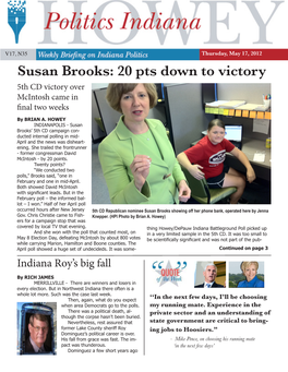 Susan Brooks: 20 Pts Down to Victory 5Th CD Victory Over Mcintosh Came in Final Two Weeks by BRIAN A