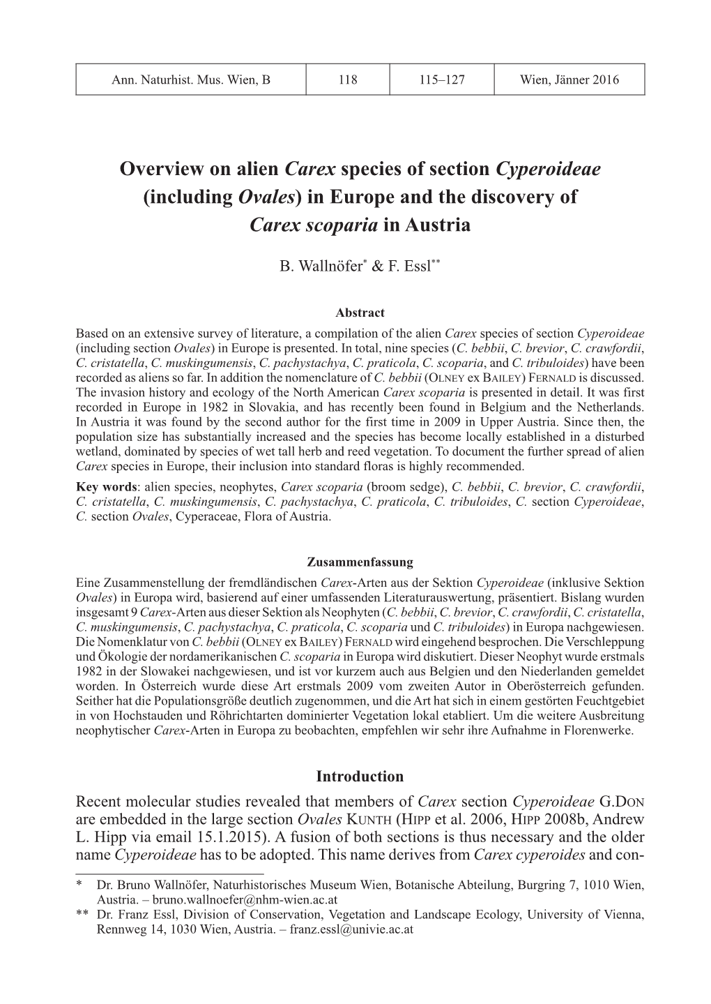 Overview on Alien Carex Species of Section Cyperoideae (Including Ovales) in Europe and the Discovery of Carex Scoparia in Austria