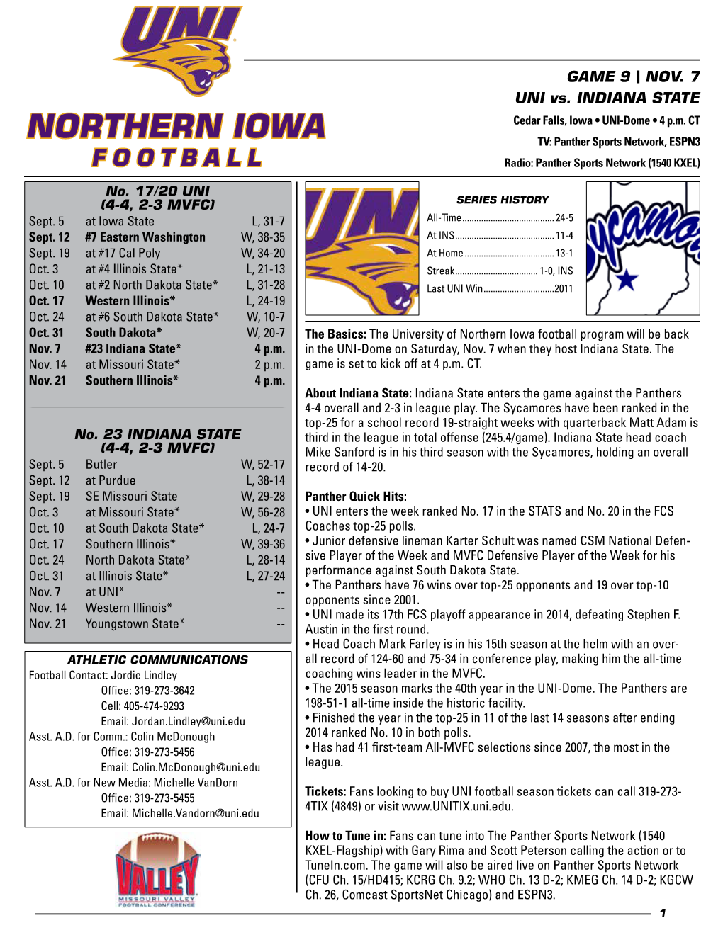 NORTHERN IOWA TV: Panther Sports Network, ESPN3 FOOTBALL Radio: Panther Sports Network (1540 KXEL) No