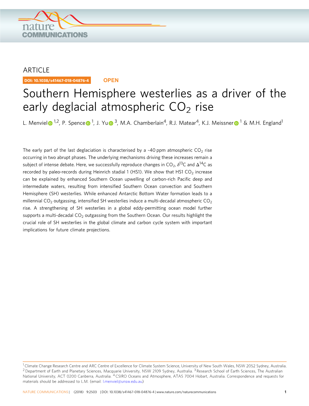 Southern Hemisphere Westerlies As a Driver of the Early Deglacial Atmospheric CO2 Rise