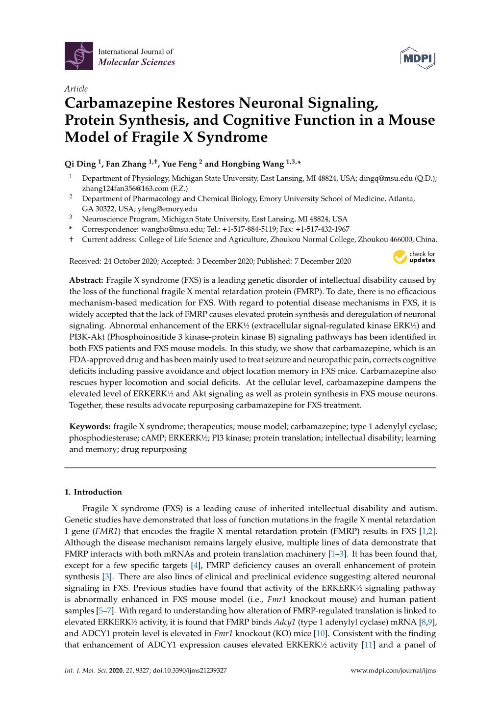 Carbamazepine Restores Neuronal Signaling, Protein Synthesis, and Cognitive Function in a Mouse Model of Fragile X Syndrome