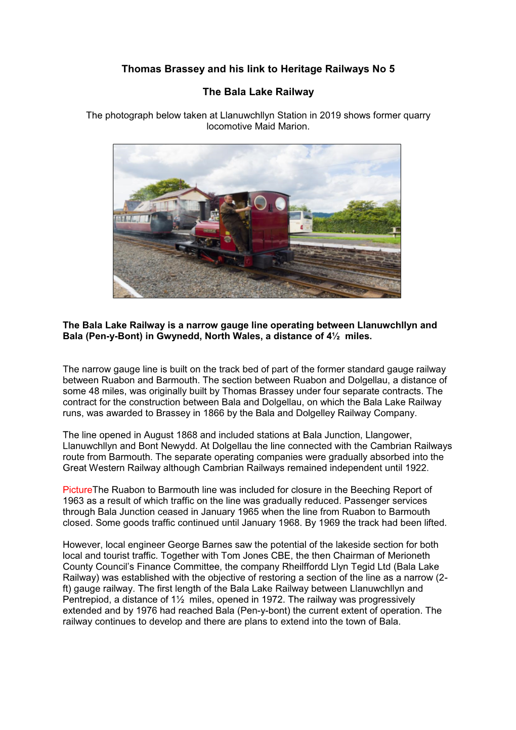 Thomas Brassey and His Link to Heritage Railways No 5 the Bala