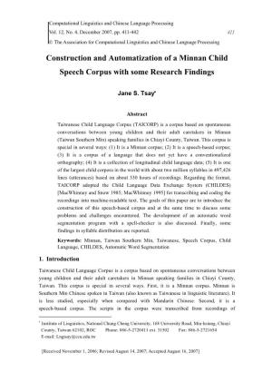 Construction and Automatization of a Minnan Child Speech Corpus with Some Research Findings