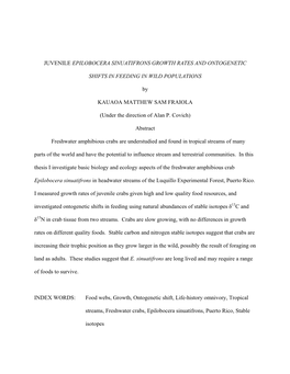 Juvenile Epilobocera Sinuatifrons Growth Rates and Ontogenetic