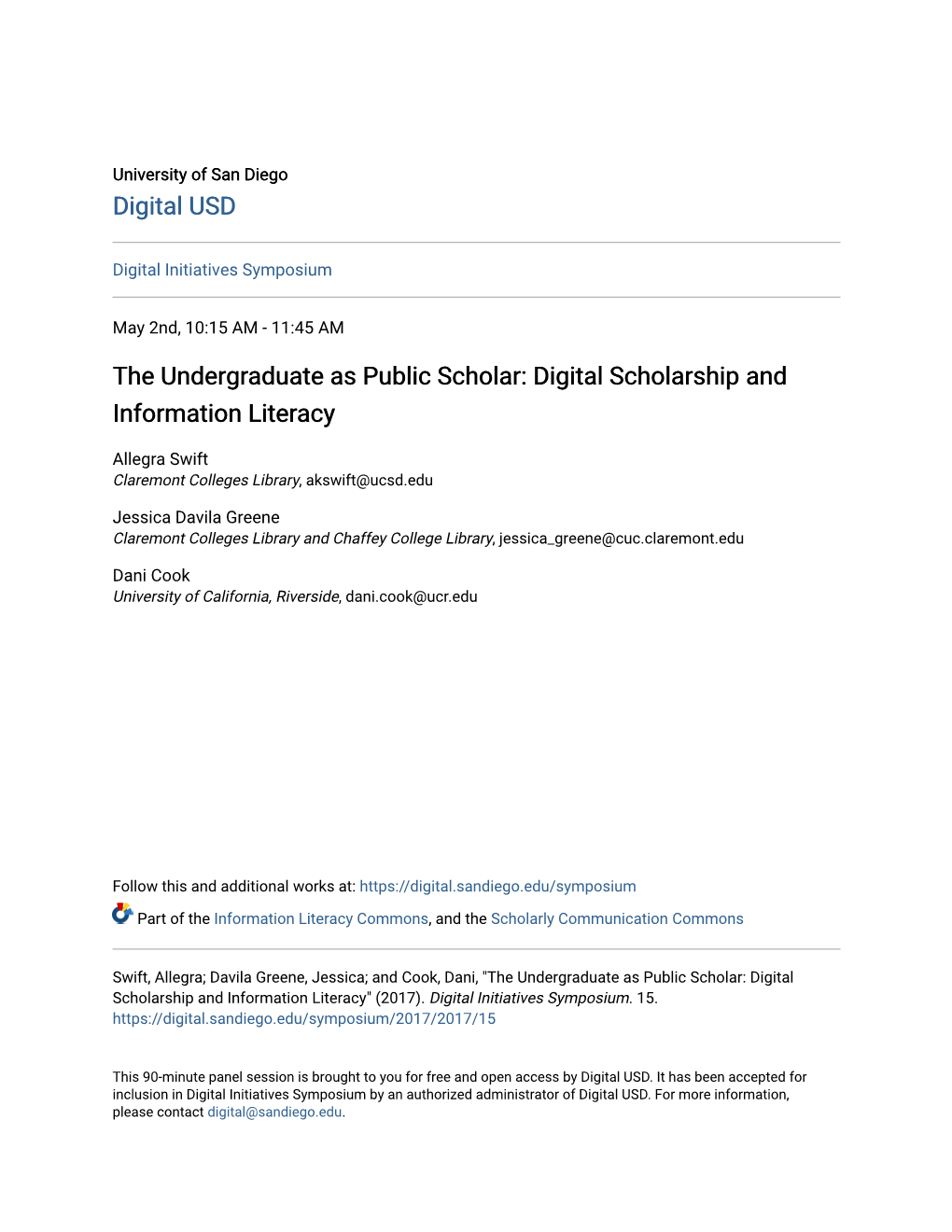 The Undergraduate As Public Scholar: Digital Scholarship and Information Literacy