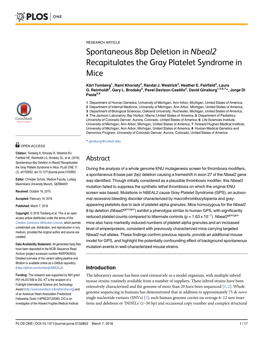 Spontaneous 8Bp Deletion in Nbeal2 Recapitulates the Gray Platelet Syndrome in Mice