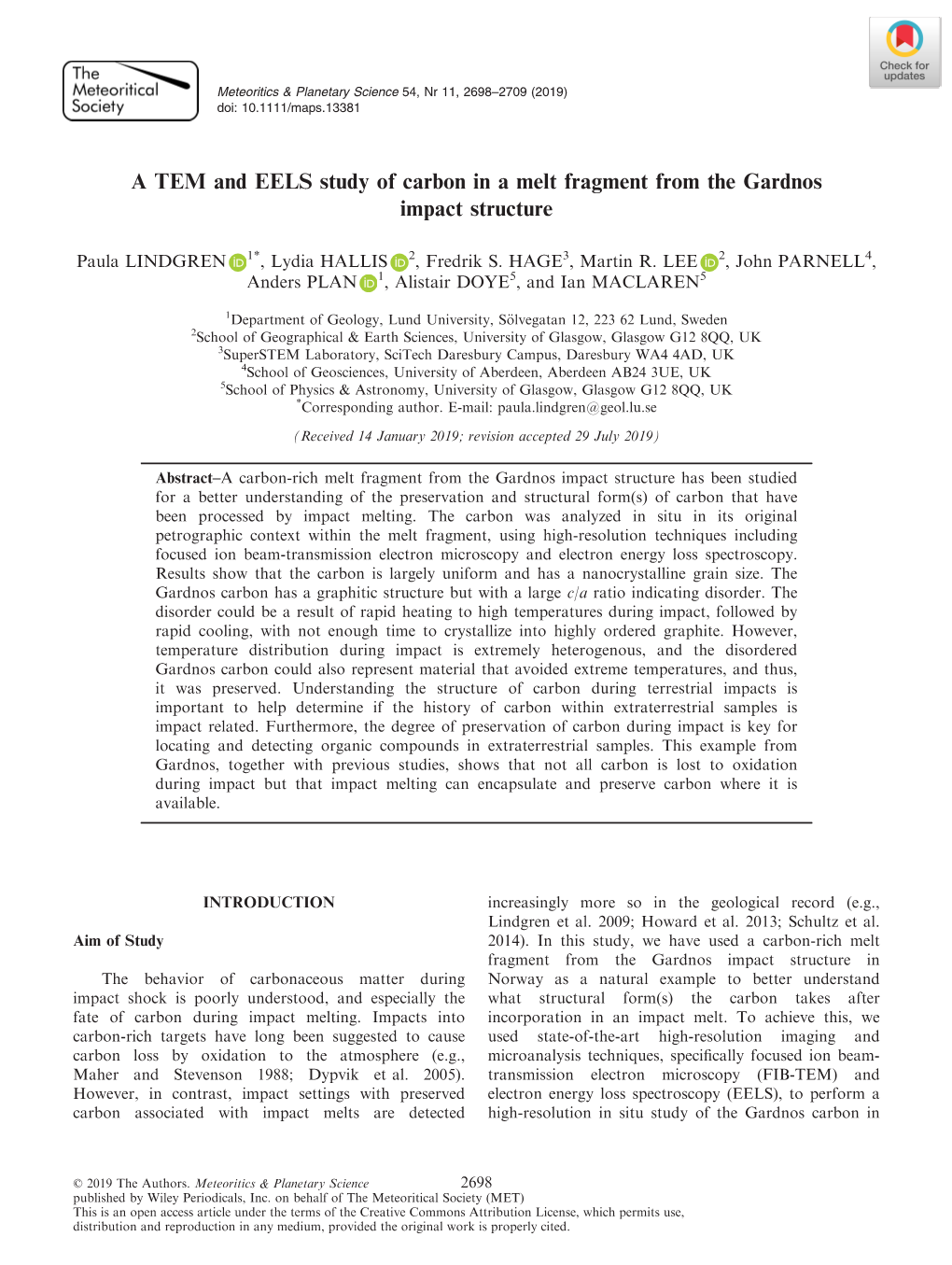 A TEM and EELS Study of Carbon in a Melt Fragment from the Gardnos Impact Structure