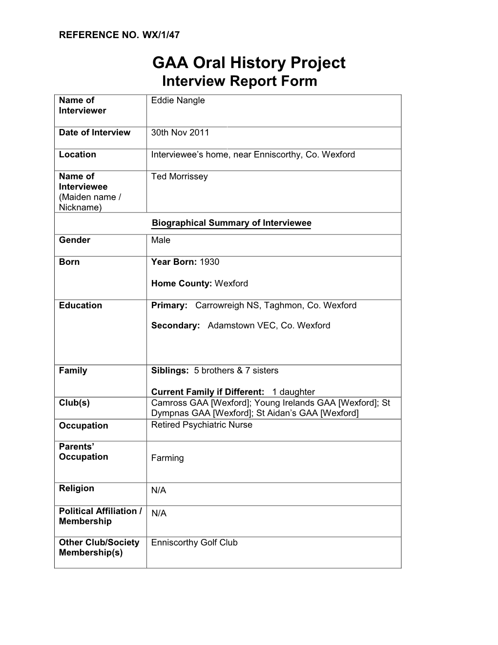 GAA Oral History Project Interview Report Form Name of Eddie Nangle Interviewer