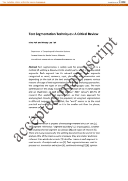 Text Segmentation Techniques: a Critical Review