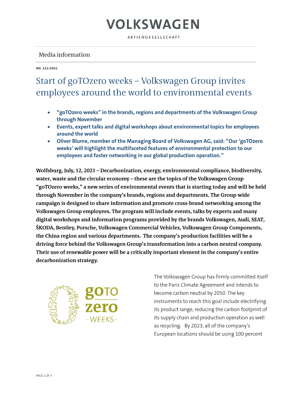 Start of Gotozero Weeks – Volkswagen Group Invites Employees Around the World to Environmental Events