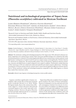 Nutritional and Technological Properties of Tepary Bean (Phaseolus Acutifolius) Cultivated in Mexican Northeast