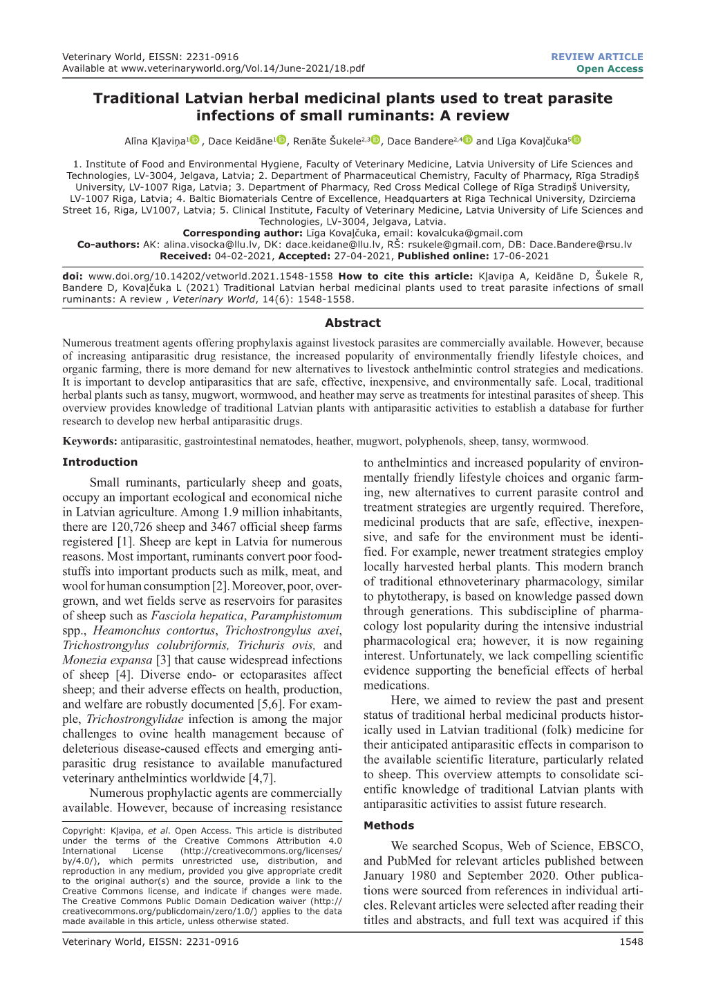 Traditional Latvian Herbal Medicinal Plants Used to Treat Parasite Infections of Small Ruminants: a Review