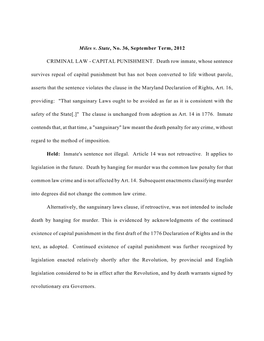 Miles V. State, No. 36, September Term, 2012 CRIMINAL