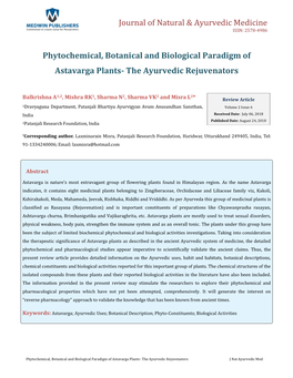 Phytochemical, Botanical and Biological Paradigm of Astavarga Plants- the Ayurvedic Rejuvenators