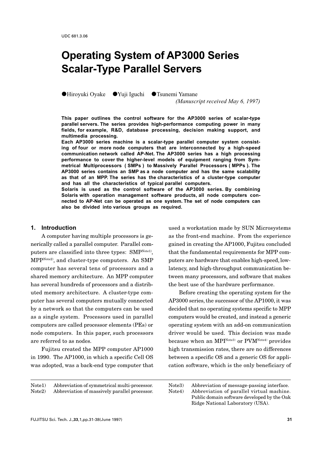 Operating System of AP3000 Series Scalar-Type Parallel Servers