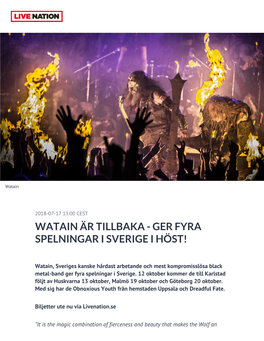 Watain Är Tillbaka - Ger Fyra Spelningar I Sverige I Höst!