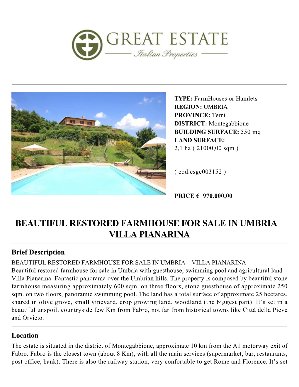Beautiful Restored Farmhouse for Sale in Umbria – Villa Pianarina