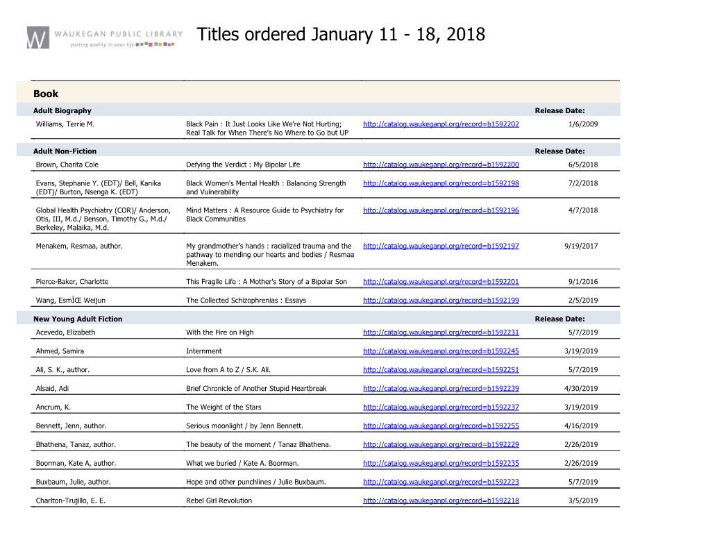 Titles Ordered January 11 - 18, 2018