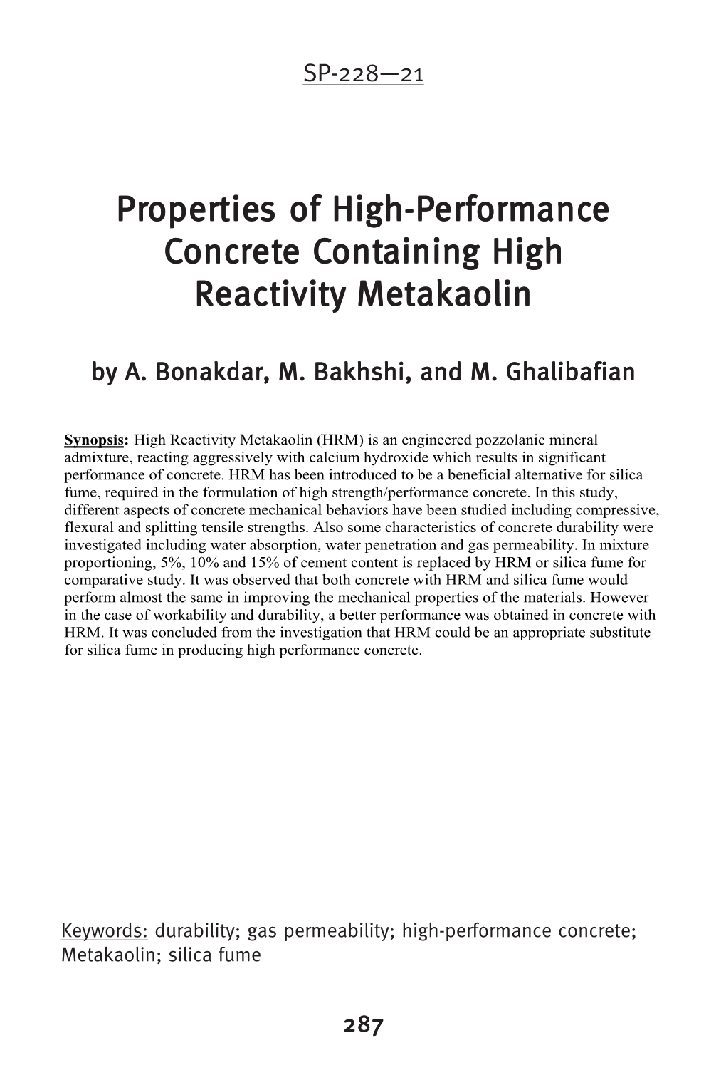 Properties of High-Performance Concrete Containing High Reactivity Metakaolin