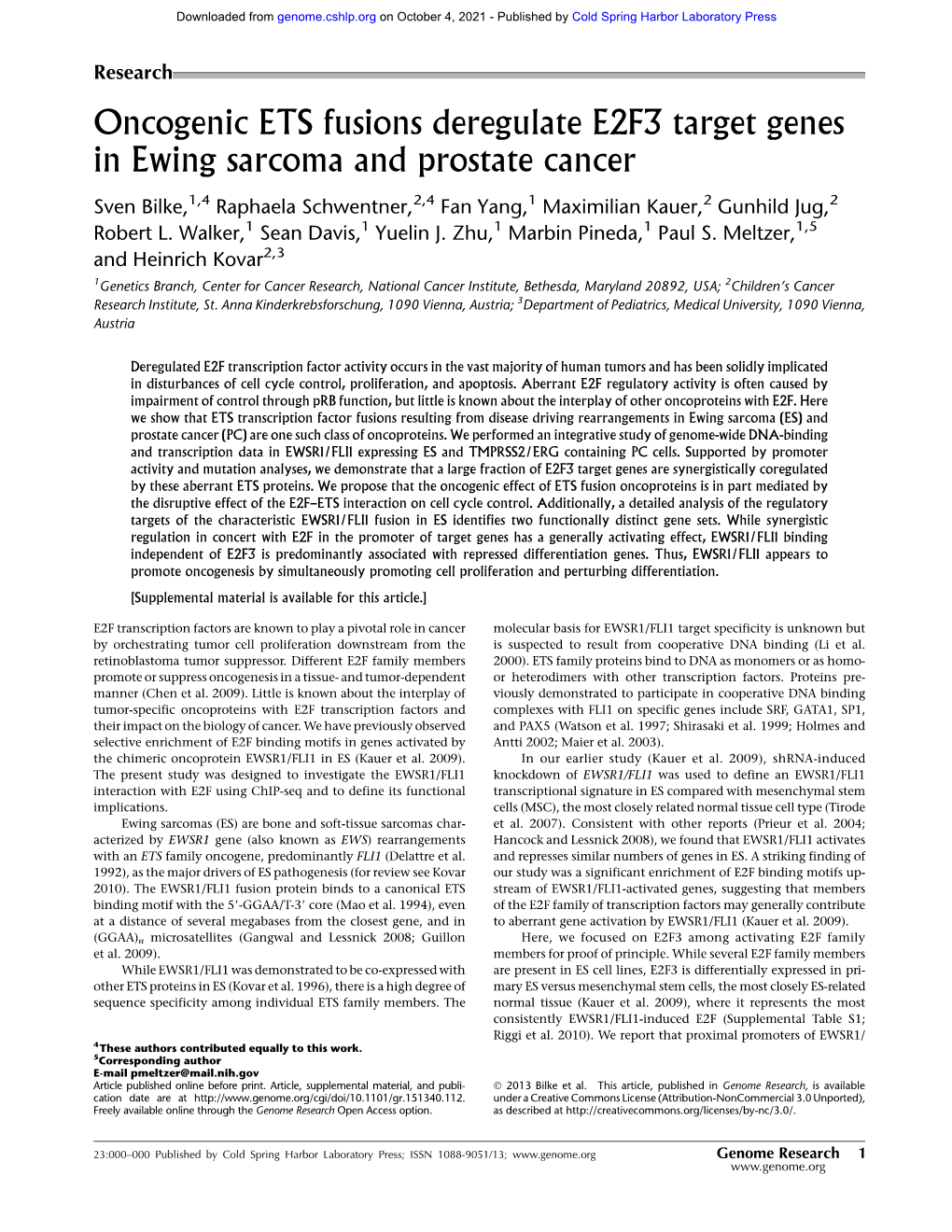 Oncogenic ETS Fusions Deregulate E2F3 Target Genes in Ewing Sarcoma and Prostate Cancer