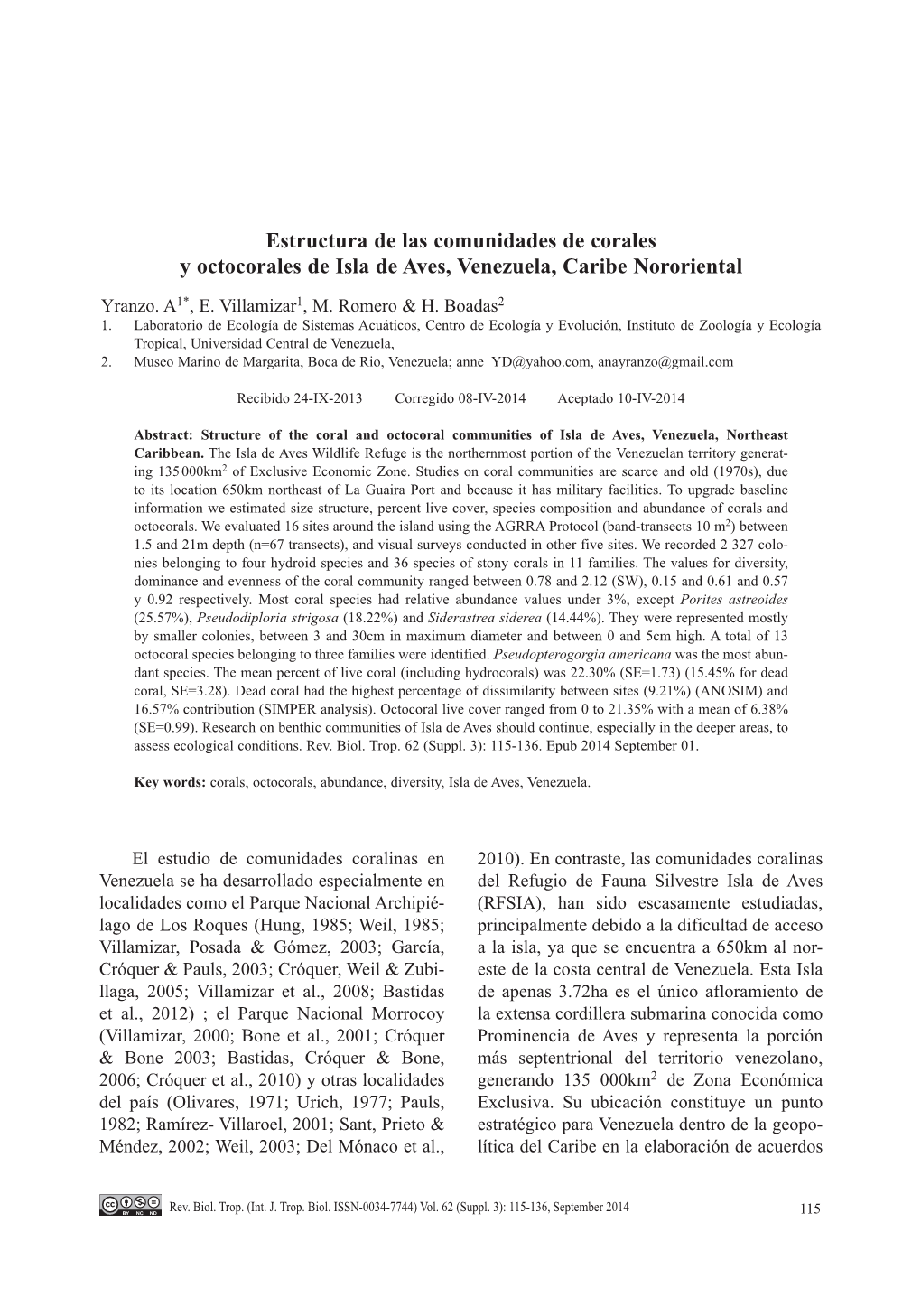 Estructura De Las Comunidades De Corales Y Octocorales De Isla De Aves, Venezuela, Caribe Nororiental