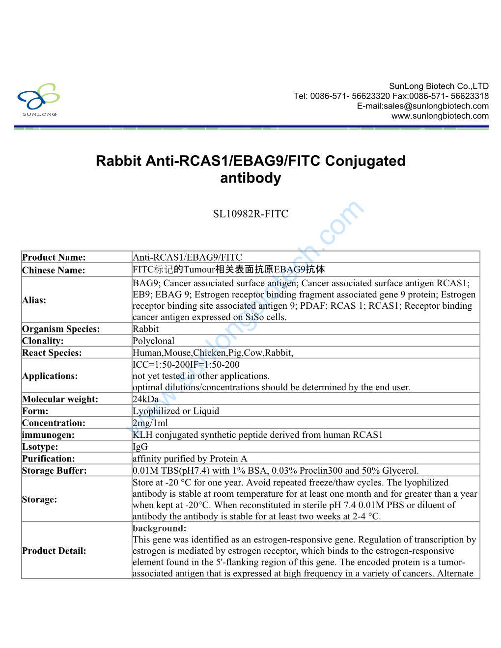 Rabbit Anti-RCAS1/EBAG9/FITC Conjugated Antibody