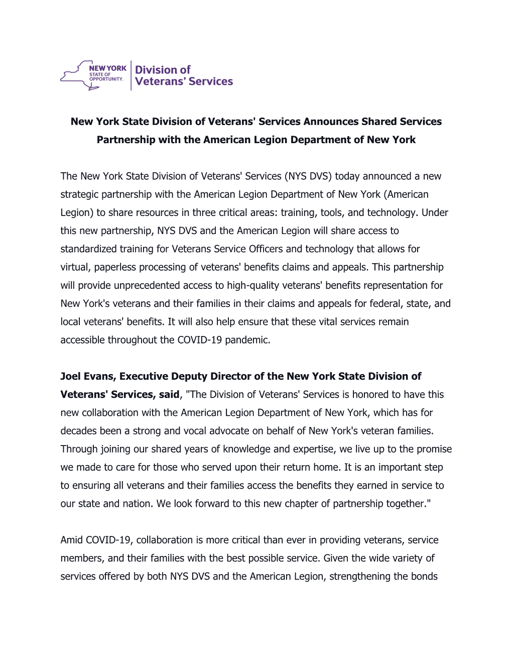 New York State Division of Veterans' Services Announces Shared Services Partnership with the American Legion Department of New York