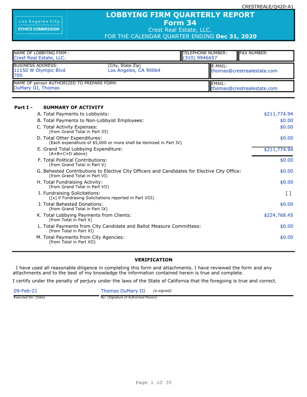 LOBBYING FIRM QUARTERLY REPORT Form 34 Crest Real Estate, LLC