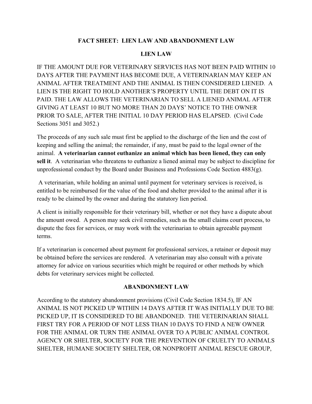 Lien and Abandonment Law Fact Sheet
