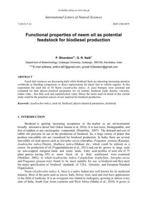 Functional Properties of Neem Oil As Potential Feedstock for Biodiesel Production