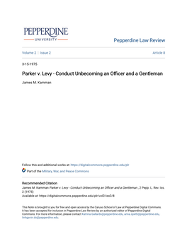 Parker V. Levy - Conduct Unbecoming an Officer and a Gentleman