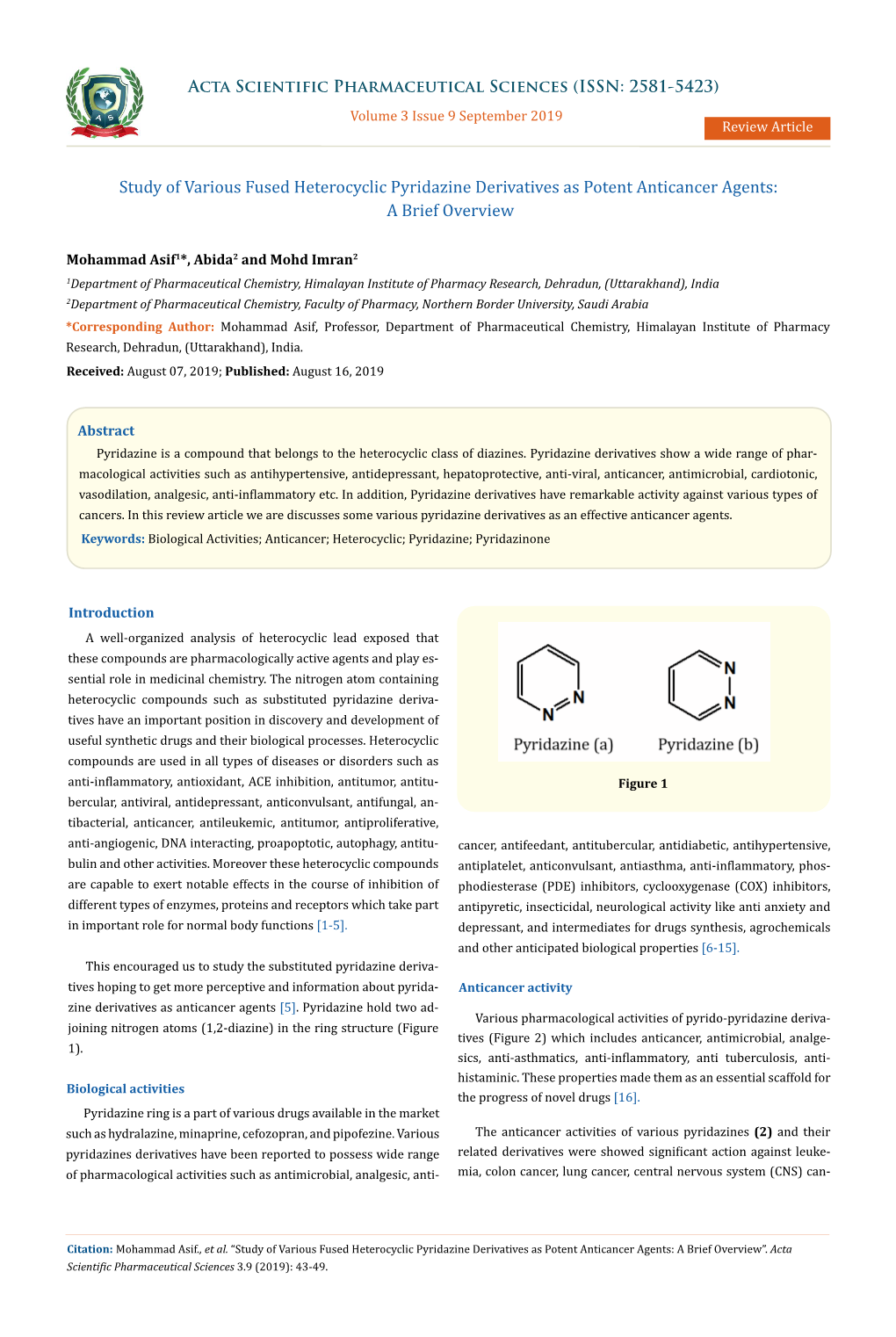 Study of Various Fused Heterocyclic Pyridazine Derivatives As Potent Anticancer Agents: a Brief Overview