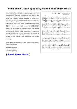 Billie Eilish Ocean Eyes Easy Piano Sheet Sheet Music