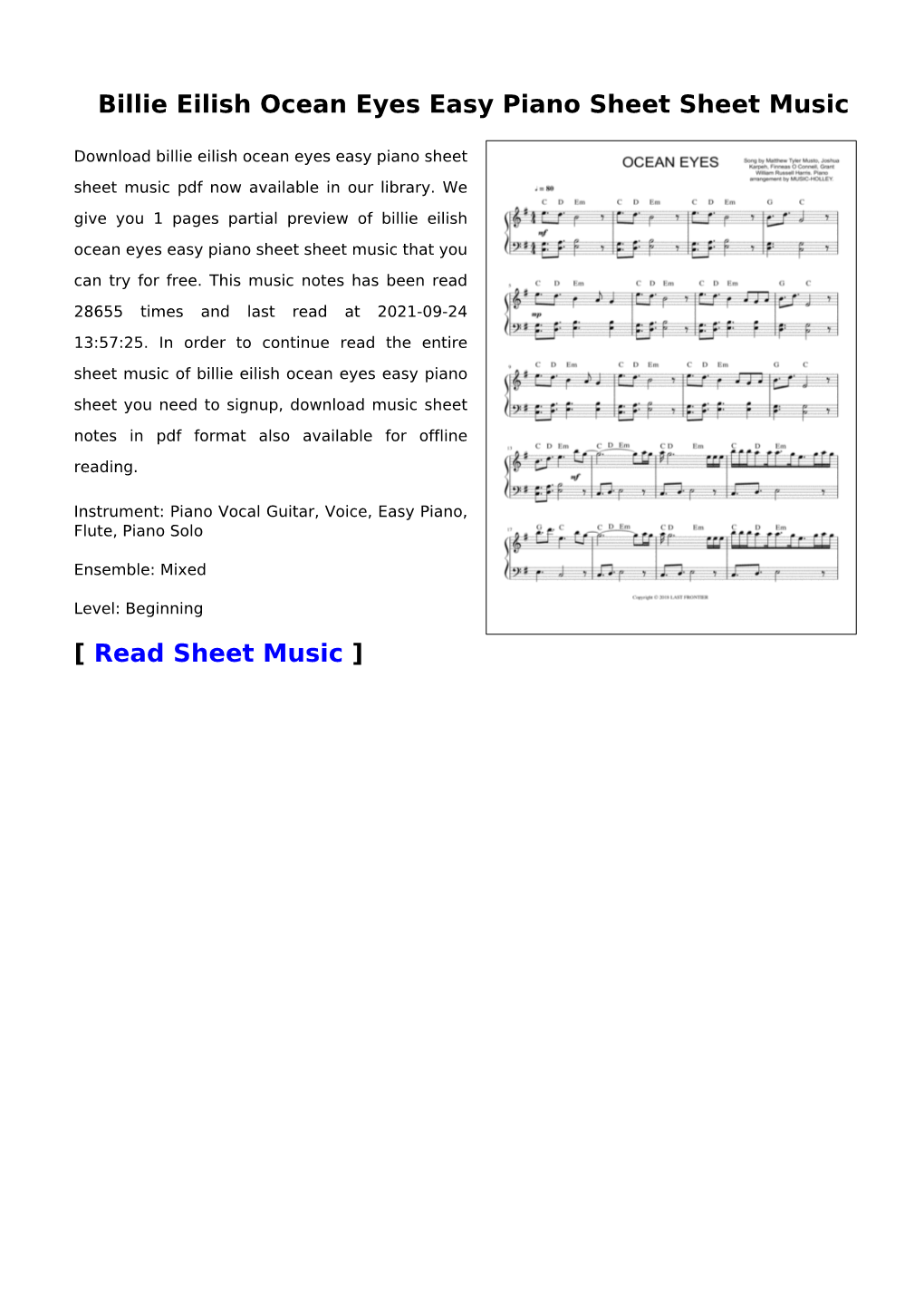 Billie Eilish Ocean Eyes Easy Piano Sheet Sheet Music Docslib 