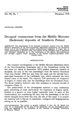 Deca Pod Crustaceans from the Middle Miocene (Badenian) Deposits Of