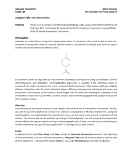 Analysis of (R)- and (S)-Limonene Reading Introduction