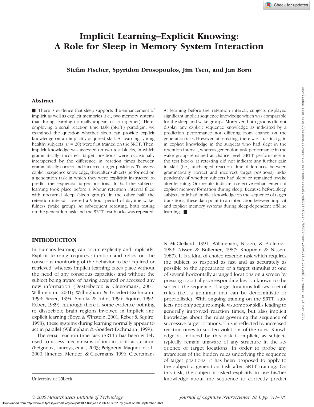 Implicit Learning–Explicit Knowing: a Role for Sleep in Memory System Interaction