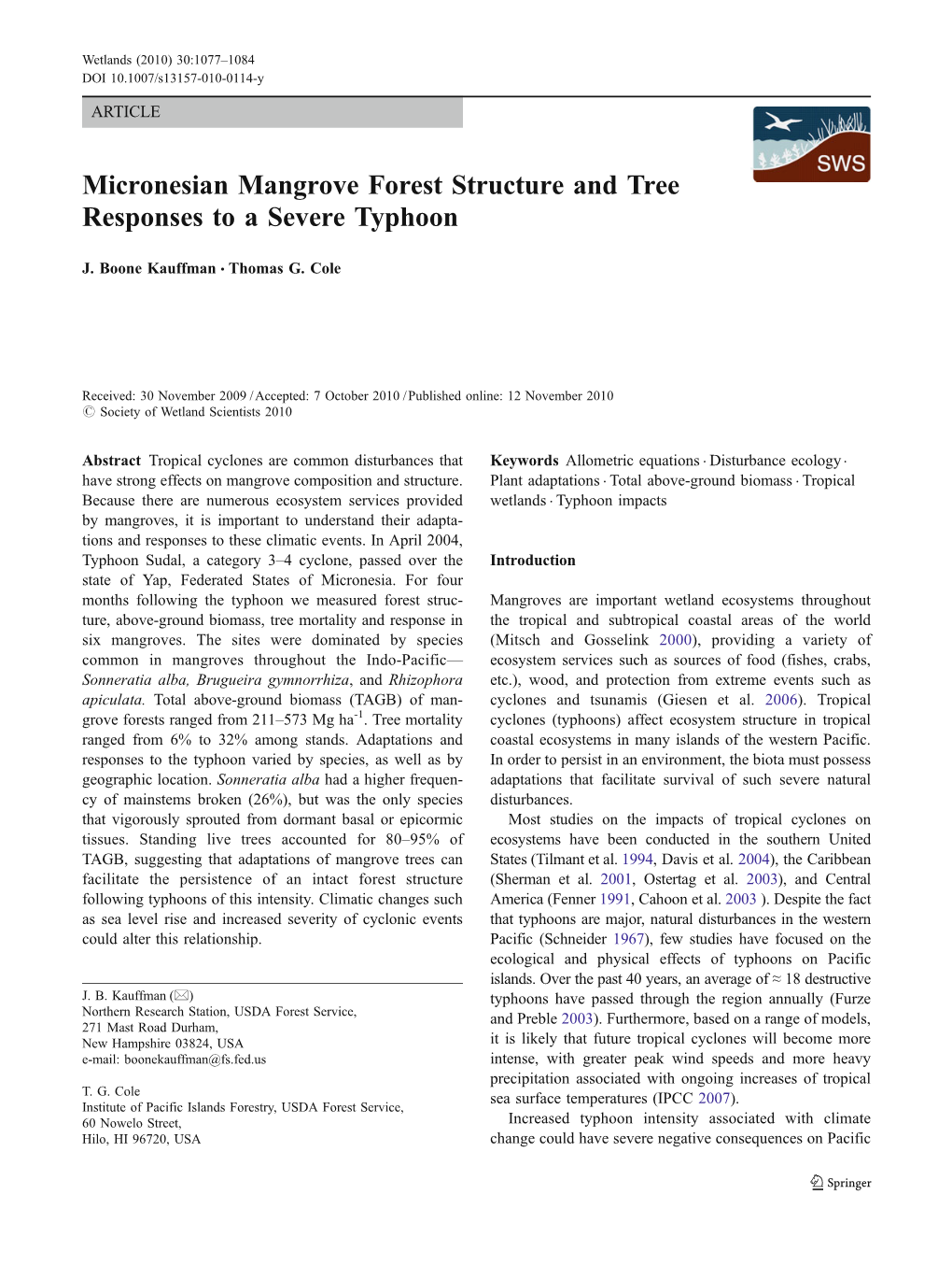 Micronesian Mangrove Forest Structure and Tree Responses to a Severe Typhoon