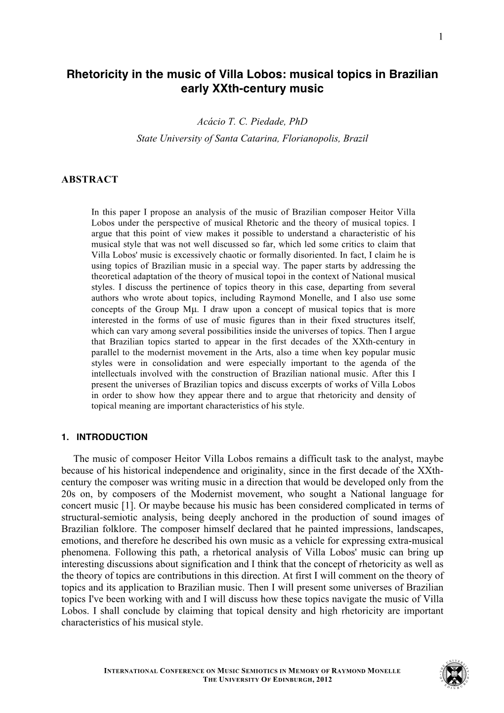 Rhetoricity in the Music of Villa Lobos: Musical Topics in Brazilian Early Xxth-Century Music