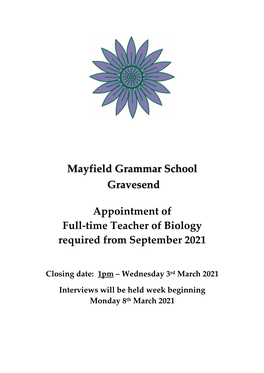 Mayfield Grammar School Gravesend Appointment of Full-Time Teacher Of