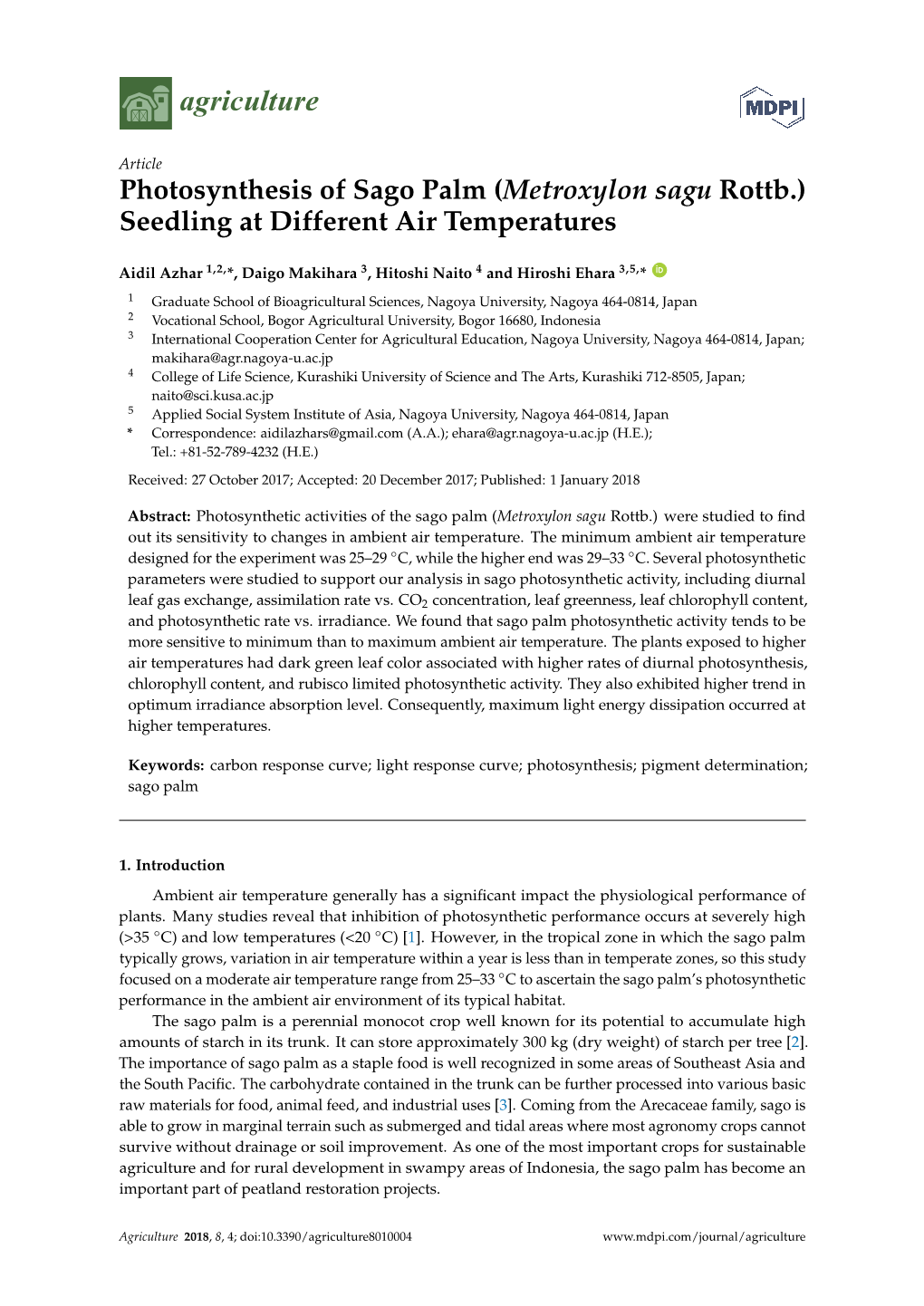 Photosynthesis of Sago Palm (Metroxylon Sagu Rottb.) Seedling at Different Air Temperatures