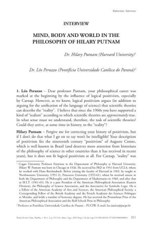 Mind, Body and World in the Philosophy of Hilary Putnam