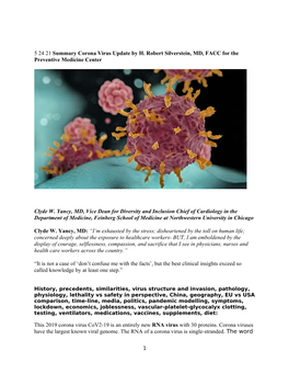 5 24 21 Summary Corona Virus Update by H. Robert Silverstein, MD, FACC for the Preventive Medicine Center