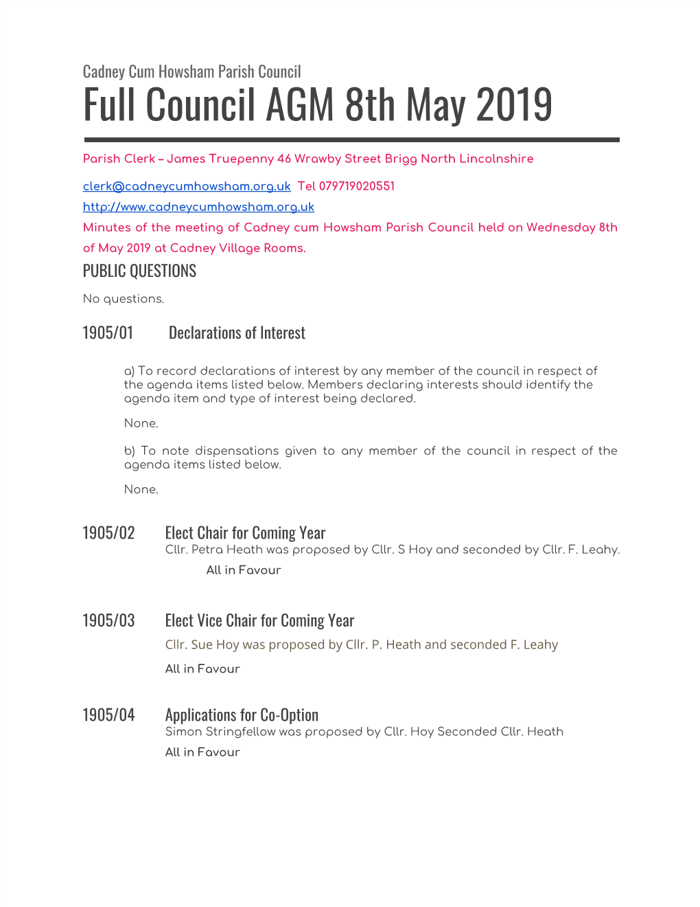 Full Council AGM 8Th May 2019