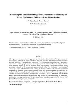 Revisiting the Traditional Irrigation System for Sustainability of Farm Production: Evidences from Bihar (India)