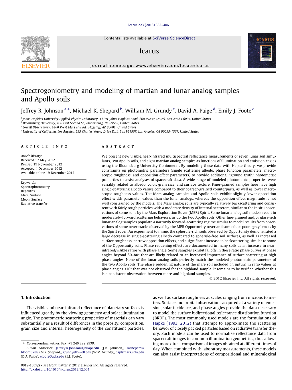 Spectrogoniometry and Modeling of Martian and Lunar Analog Samples and Apollo Soils ⇑ Jeffrey R